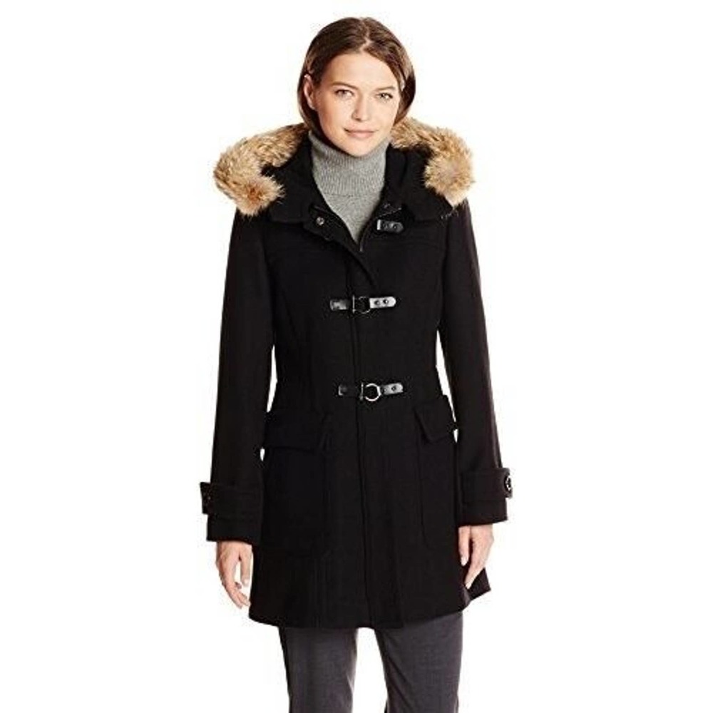 Trina Turk Women's Bailey Toggle Wool Blend‎ Duffle Coat 14 Coyote Fur Trim Hood